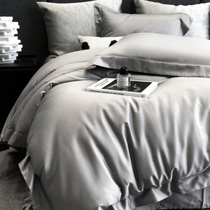VILZSTUDIOS champagne taupe, blush pink, and silver gray duvet cover set with wide flange borders