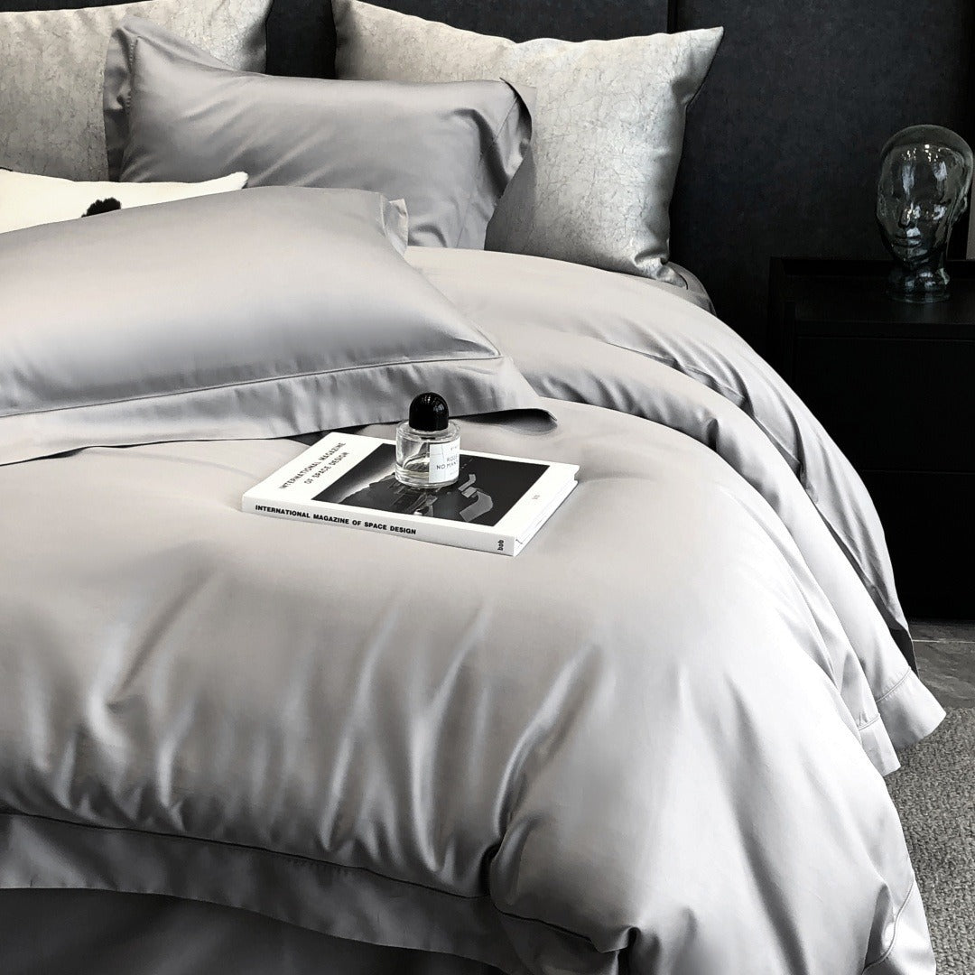 VILZSTUDIOS champagne taupe, blush pink, and silver gray duvet cover set with wide flange borders