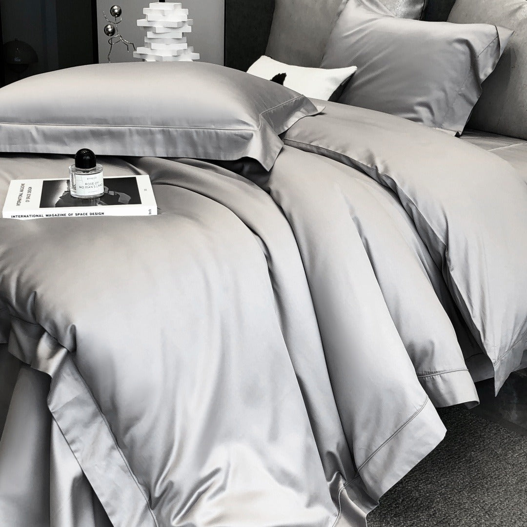 VILZSTUDIOS champagne taupe, blush pink, and silver gray duvet cover set with wide flange borders