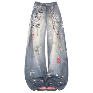 VILZSTUDIOS Wide leg denim jeans with chain print design