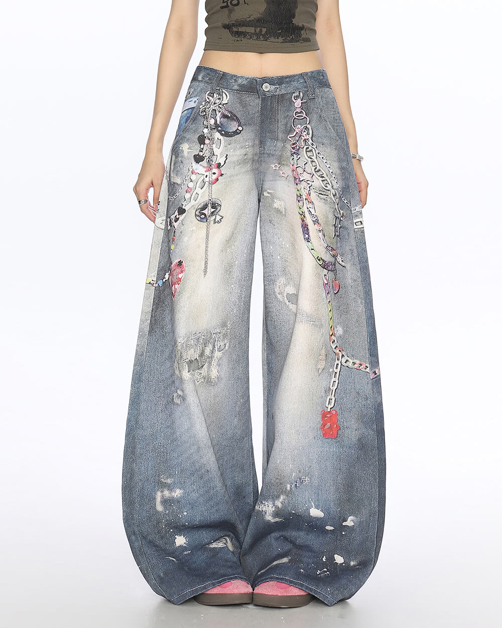 VILZSTUDIOS Wide leg denim jeans with chain print design