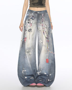 VILZSTUDIOS Wide leg denim jeans with chain print design