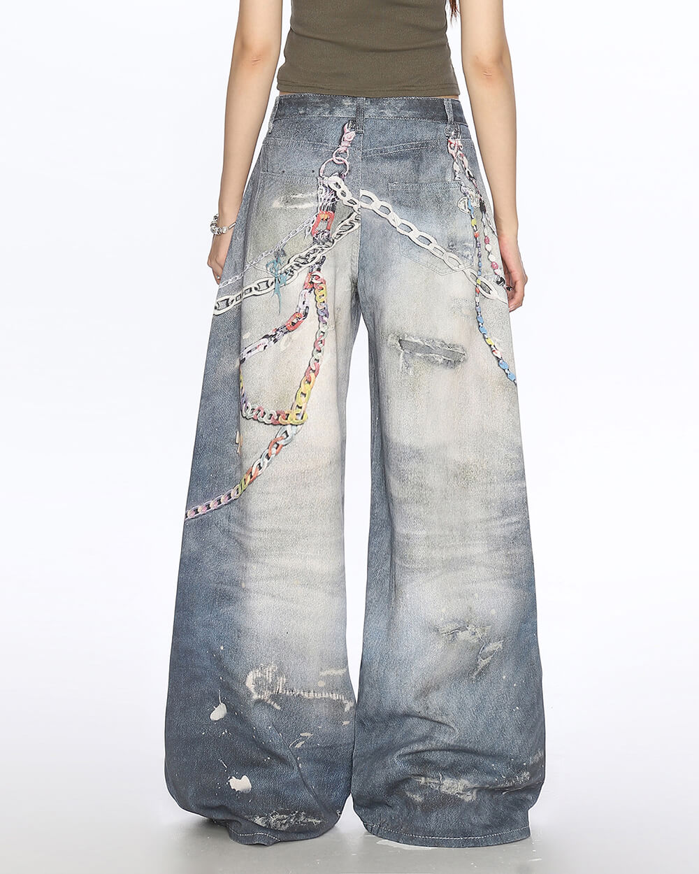 VILZSTUDIOS Wide leg denim jeans with chain print design