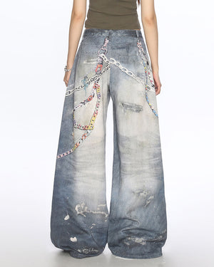 VILZSTUDIOS Wide leg denim jeans with chain print design