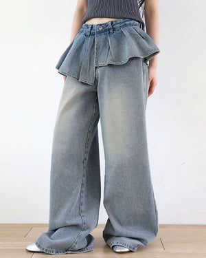 VILZSTUDIOS Fashionable wide leg denim jeans with unique peplum waist