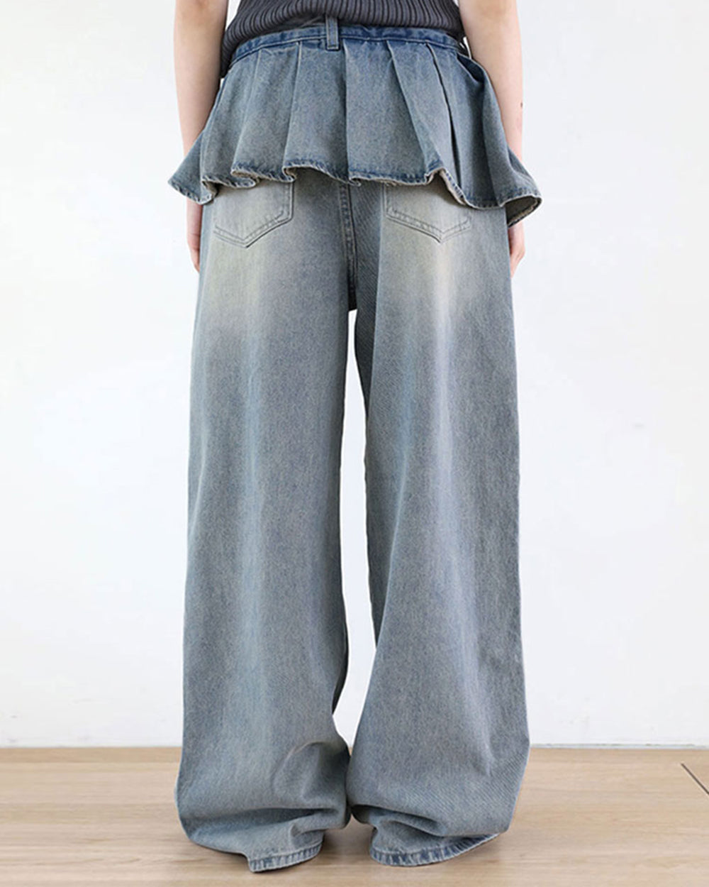VILZSTUDIOS Fashionable wide leg denim jeans with unique peplum waist