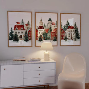 VILZSTUDIOS set of three framed winter village scene art prints