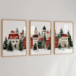 VILZSTUDIOS set of three framed winter village scene art prints