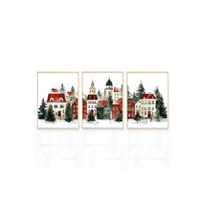 VILZSTUDIOS set of three framed winter village scene art prints