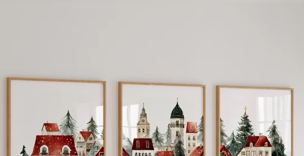 VILZSTUDIOS set of three framed winter village scene art prints