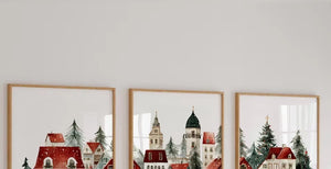 VILZSTUDIOS set of three framed winter village scene art prints
