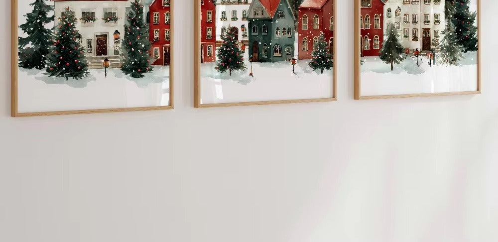 VILZSTUDIOS set of three framed winter village scene art prints