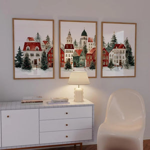 VILZSTUDIOS set of three framed winter village scene art prints