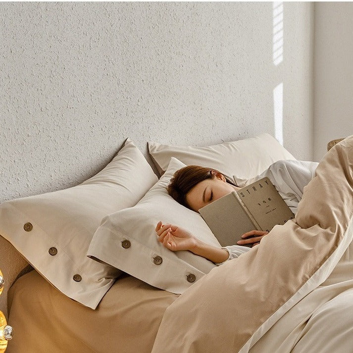 VILZSTUDIOS neutral two-tone reversible duvet cover set with wooden button pillowcases