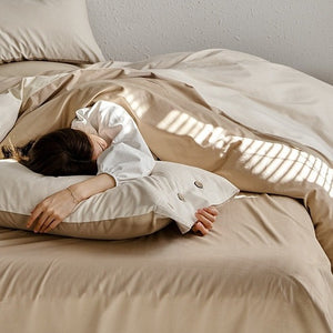 VILZSTUDIOS neutral two-tone reversible duvet cover set with wooden button pillowcases
