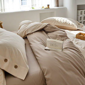 VILZSTUDIOS neutral two-tone reversible duvet cover set with wooden button pillowcases