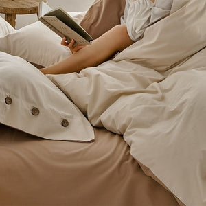 VILZSTUDIOS neutral two-tone reversible duvet cover set with wooden button pillowcases