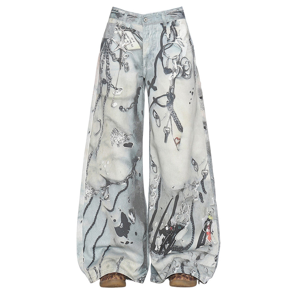 VILZSTUDIOS Worn chain graphic wide leg jeans from VILZSTUDIOS