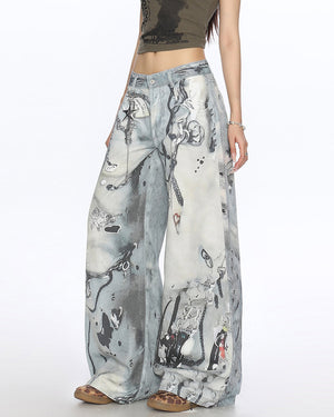VILZSTUDIOS Worn chain graphic wide leg jeans from VILZSTUDIOS