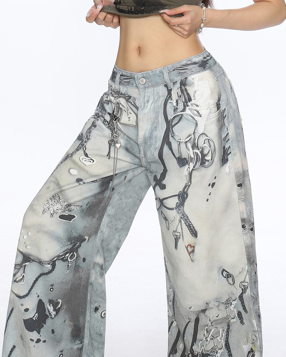 VILZSTUDIOS Worn chain graphic wide leg jeans from VILZSTUDIOS