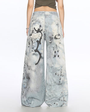 VILZSTUDIOS Worn chain graphic wide leg jeans from VILZSTUDIOS