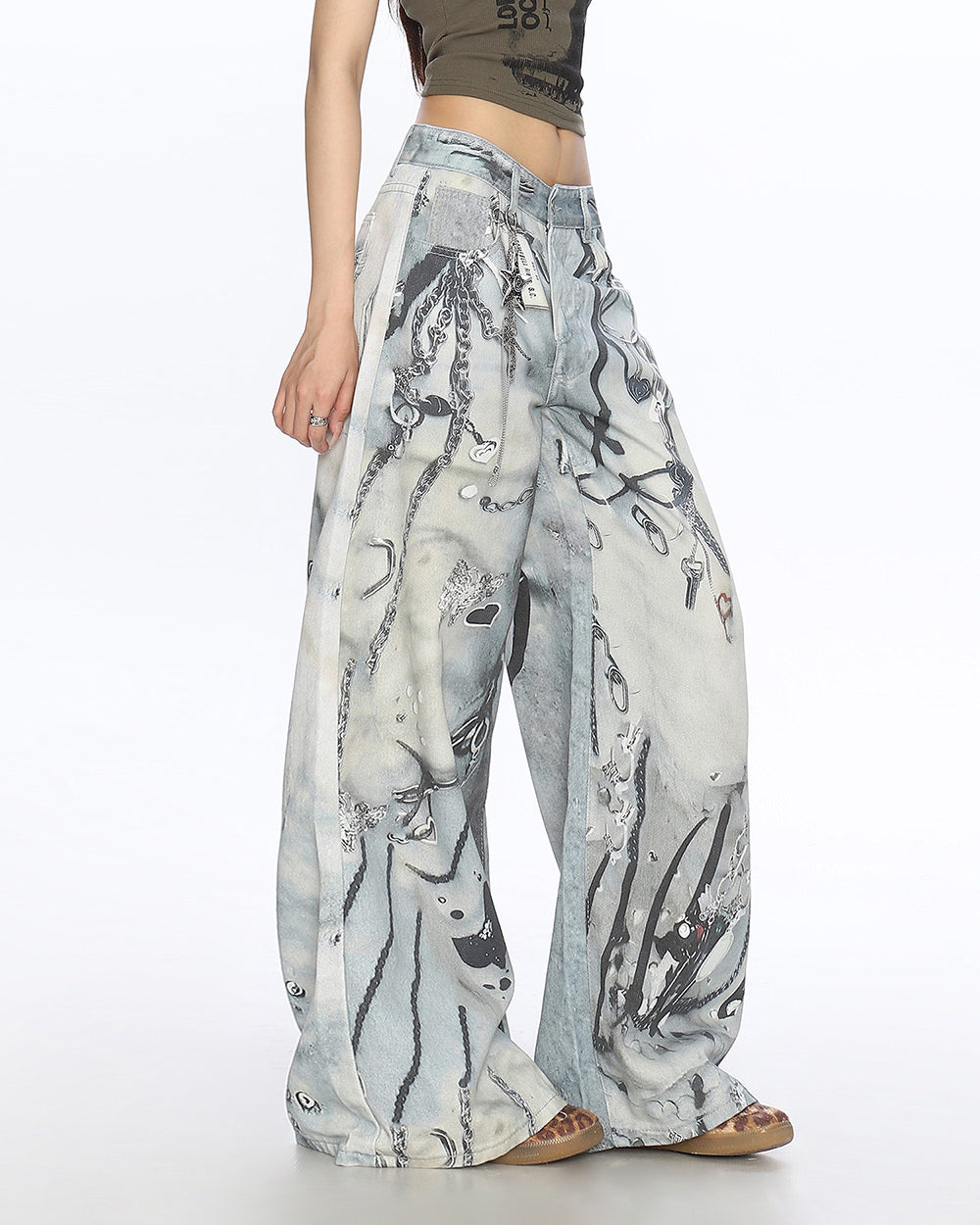 VILZSTUDIOS Worn chain graphic wide leg jeans from VILZSTUDIOS