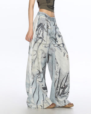 VILZSTUDIOS Worn chain graphic wide leg jeans from VILZSTUDIOS