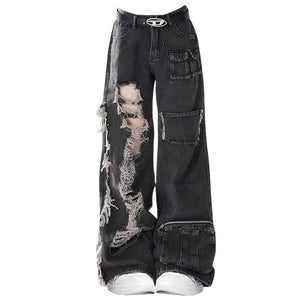 VILZSTUDIOS Ripped cargo jeans in black with patch pockets