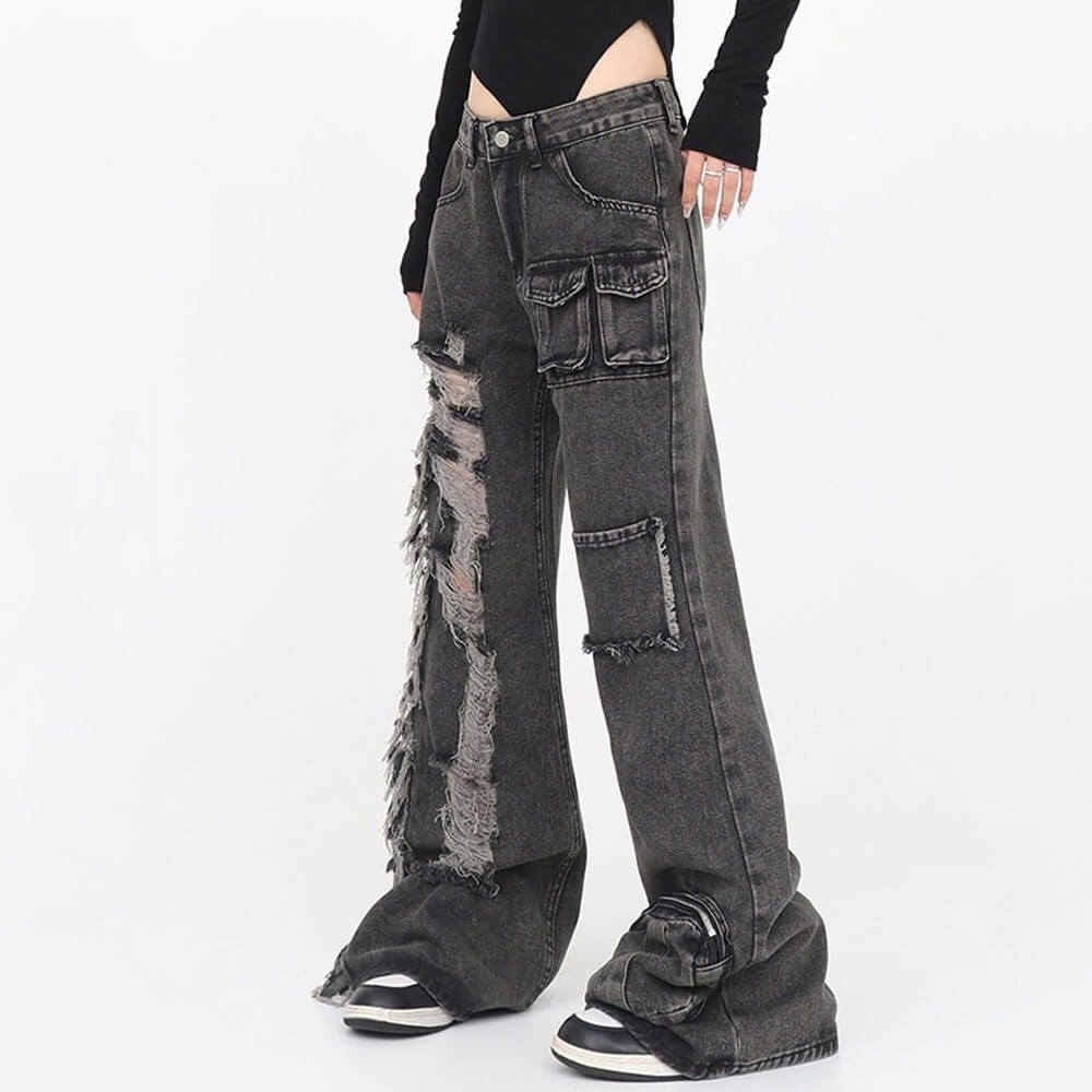VILZSTUDIOS Ripped cargo jeans in black with patch pockets