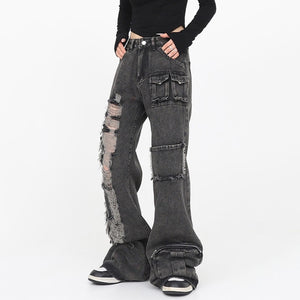 VILZSTUDIOS Ripped cargo jeans in black with patch pockets