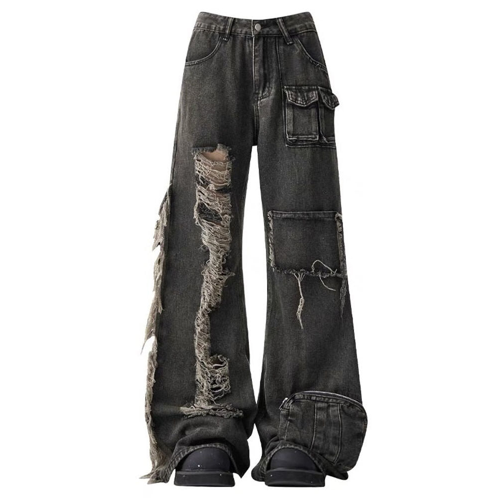 VILZSTUDIOS Ripped cargo jeans in black with patch pockets
