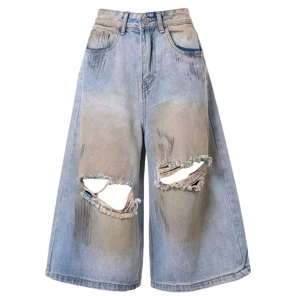 VILZSTUDIOS Worn wash wide-leg denim shorts for streetwear fashion