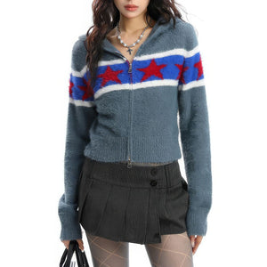 VILZSTUDIOS Stylish knit zip hoodie with star pattern and cropped design