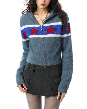 VILZSTUDIOS Stylish knit zip hoodie with star pattern and cropped design