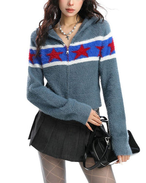 VILZSTUDIOS Stylish knit zip hoodie with star pattern and cropped design