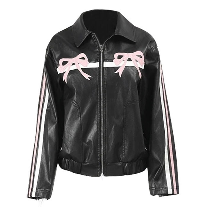 VILZSTUDIOS Stylish Y2K bow biker jacket for streetwear fashion