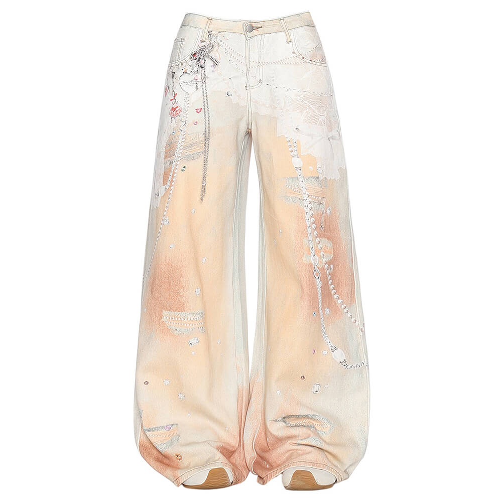 VILZSTUDIOS Wide leg jeans with chain print design in peach color