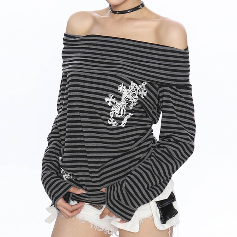 VILZSTUDIOS Y2K cold shoulder striped top from VILZSTUDIOS