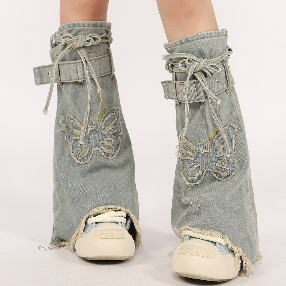 VILZSTUDIOS Y2K denim leg warmers with butterfly patches