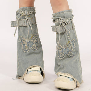 VILZSTUDIOS Y2K denim leg warmers with butterfly patches