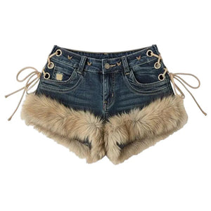 VILZSTUDIOS Y2K fur trim denim shorts from VILZSTUDIOS
