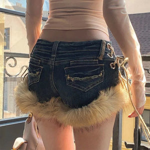 VILZSTUDIOS Y2K fur trim denim shorts from VILZSTUDIOS
