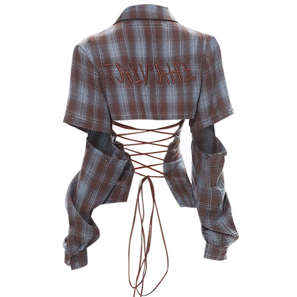 VILZSTUDIOS Stylish plaid crop shirt with lace-up back design
