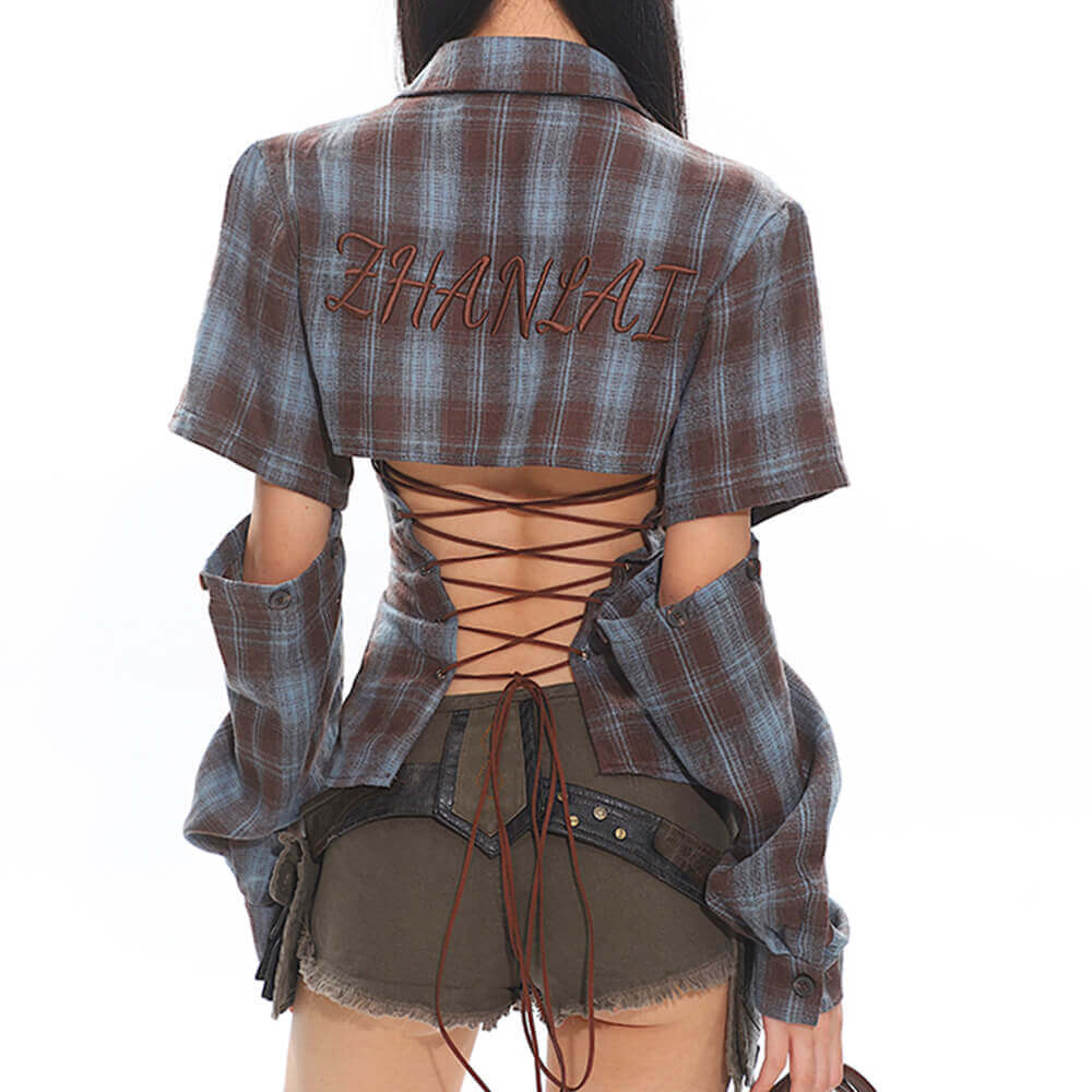 VILZSTUDIOS Stylish plaid crop shirt with lace-up back design