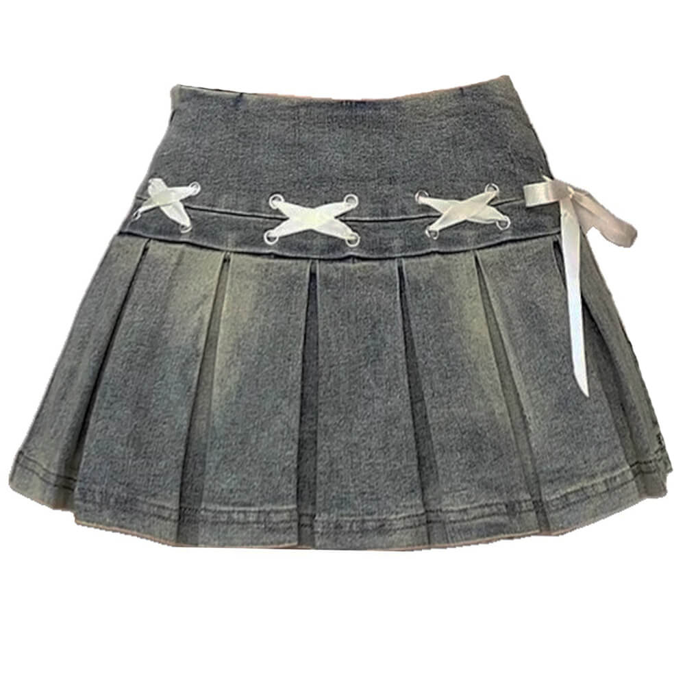 VILZSTUDIOS Denim pleated skirt with lace-up details