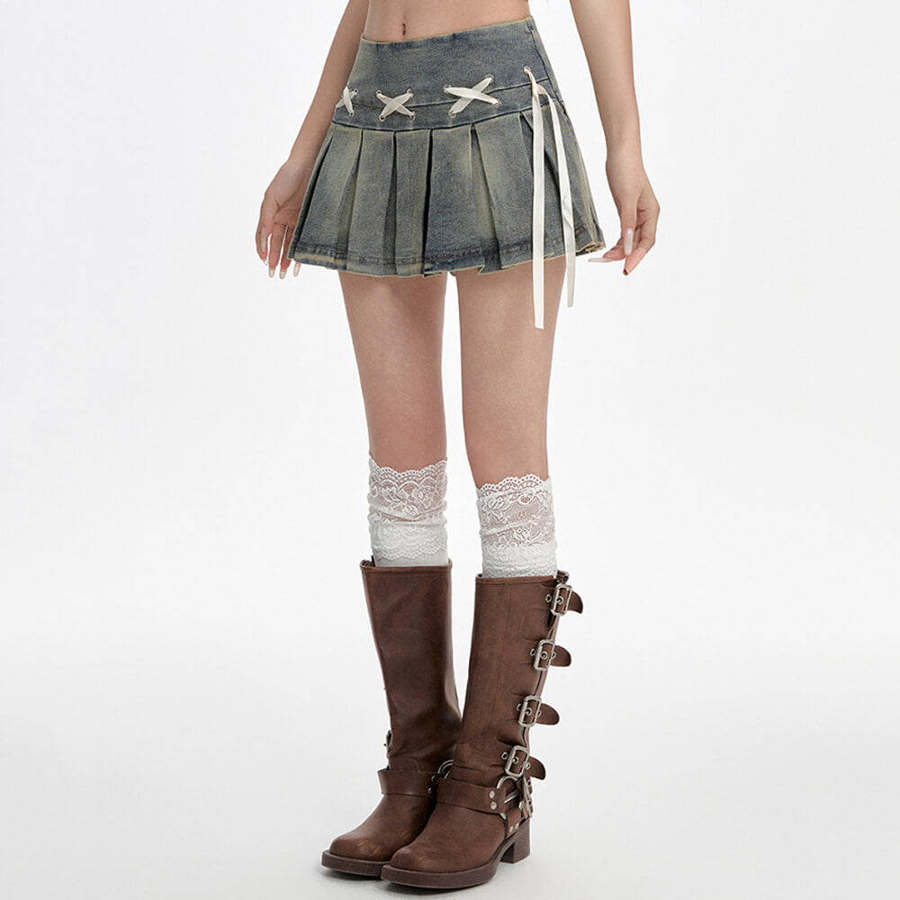 VILZSTUDIOS Denim pleated skirt with lace-up details
