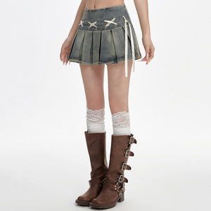 VILZSTUDIOS Denim pleated skirt with lace-up details