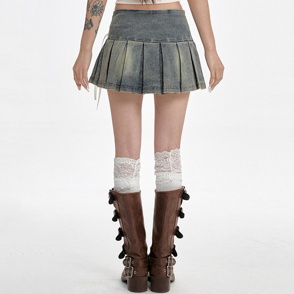 VILZSTUDIOS Denim pleated skirt with lace-up details