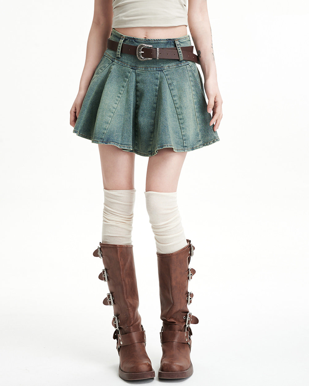 VILZSTUDIOS Pleated denim mini skirt with buckle belt