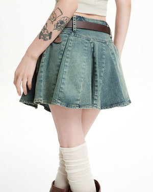 VILZSTUDIOS Pleated denim mini skirt with buckle belt